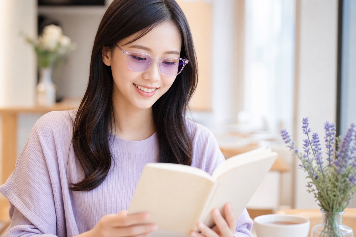 East Asian woman wearing lavender-tinted Irlen spectral filter glasses while reading comfortably